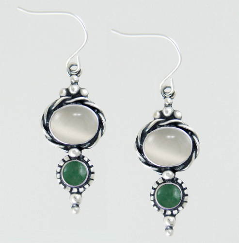 Sterling Silver Drop Dangle Earrings With White Moonstone And Jade